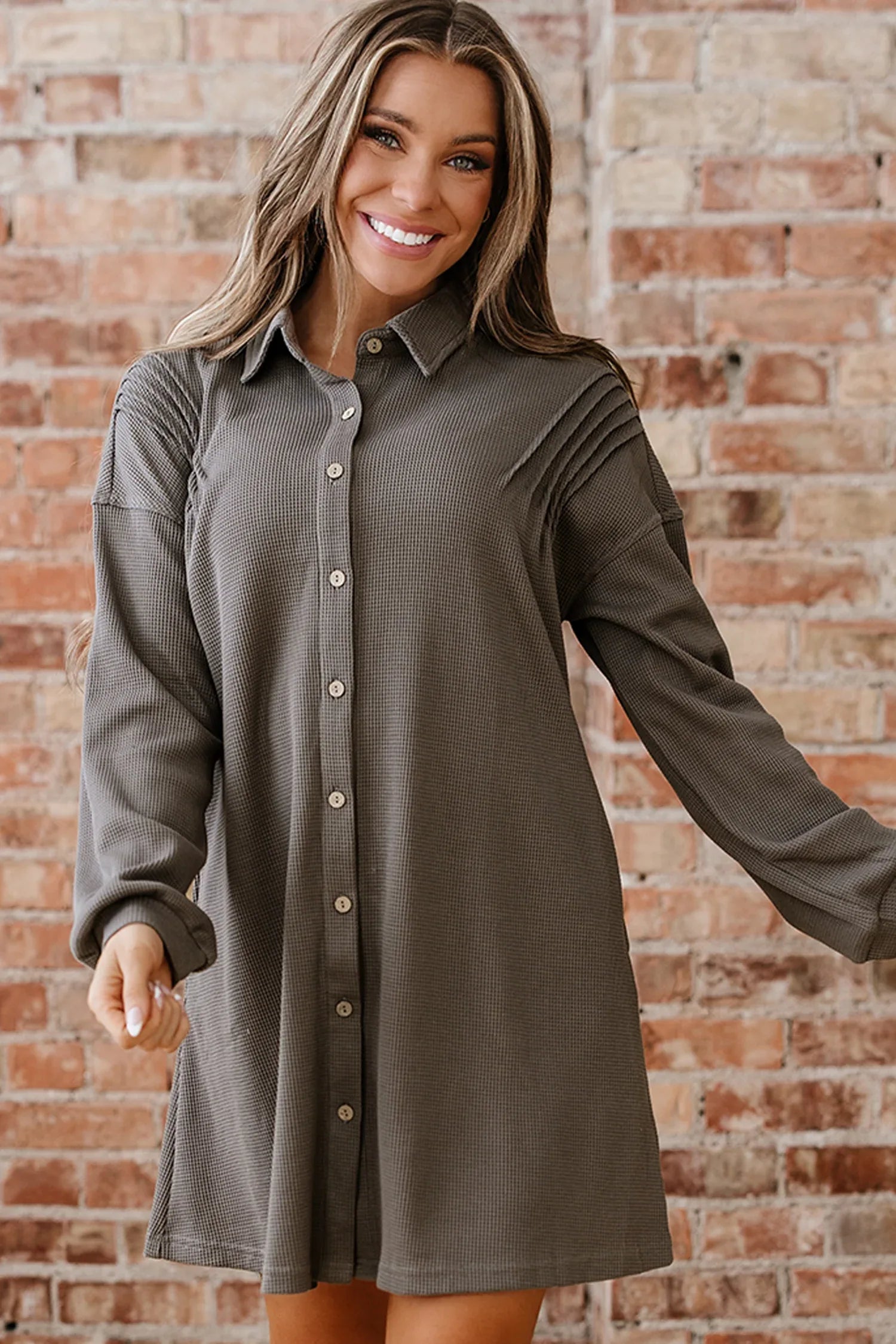 Simply Taupe Waffle Knit Shirt Tunic Dress - MarkoFit
