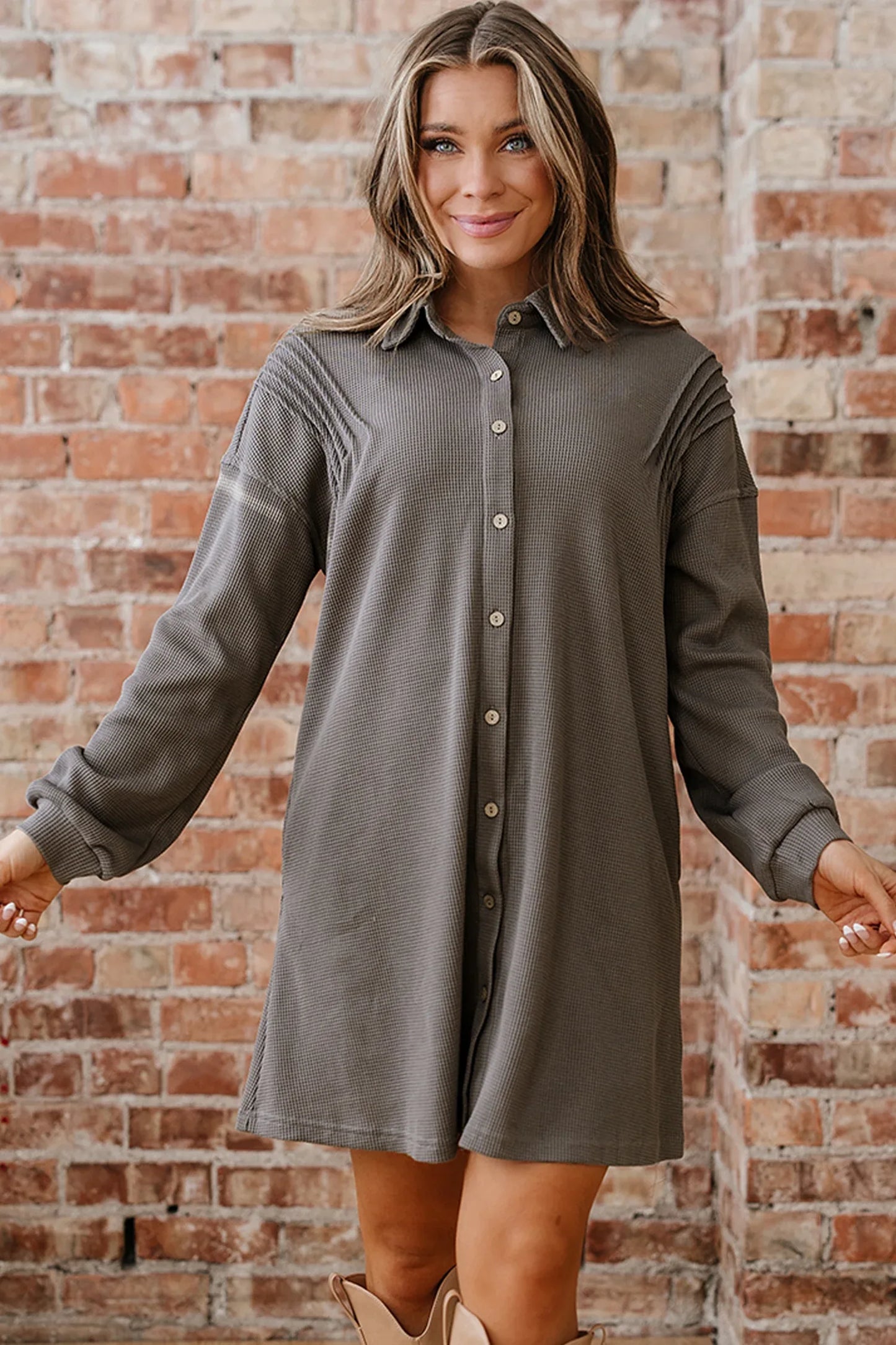 Simply Taupe Waffle Knit Shirt Tunic Dress - MarkoFit