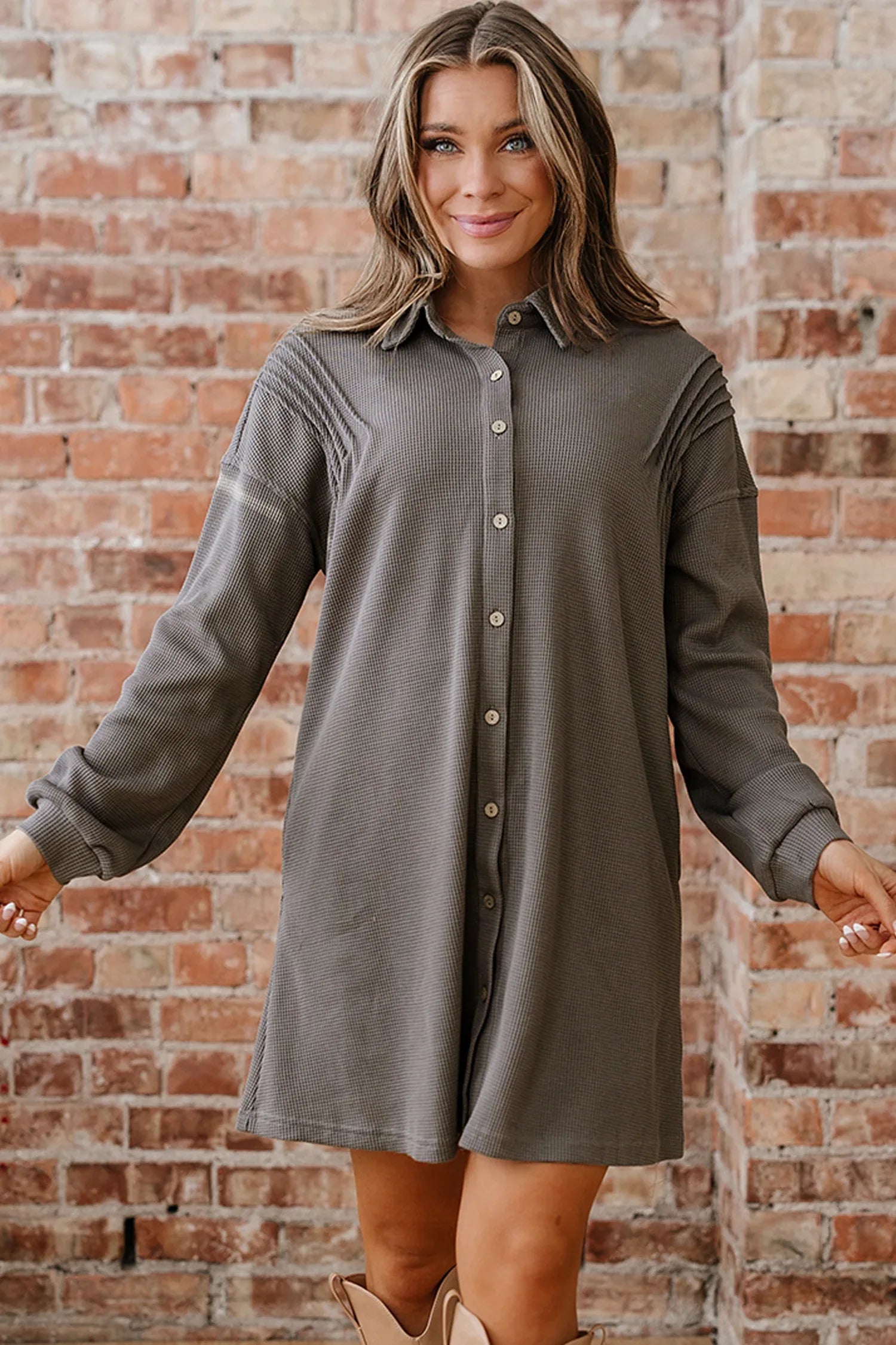 Simply Taupe Waffle Knit Shirt Tunic Dress - MarkoFit