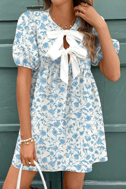 Sky Blue Floral Contrast Bow Puff Sleeve Mini Dress - MarkoFit