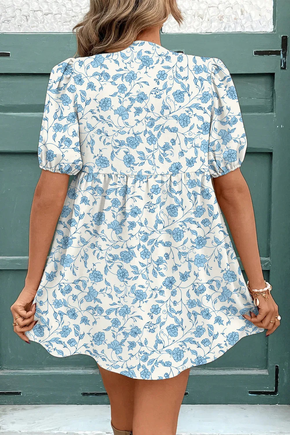 Sky Blue Floral Contrast Bow Puff Sleeve Mini Dress - MarkoFit