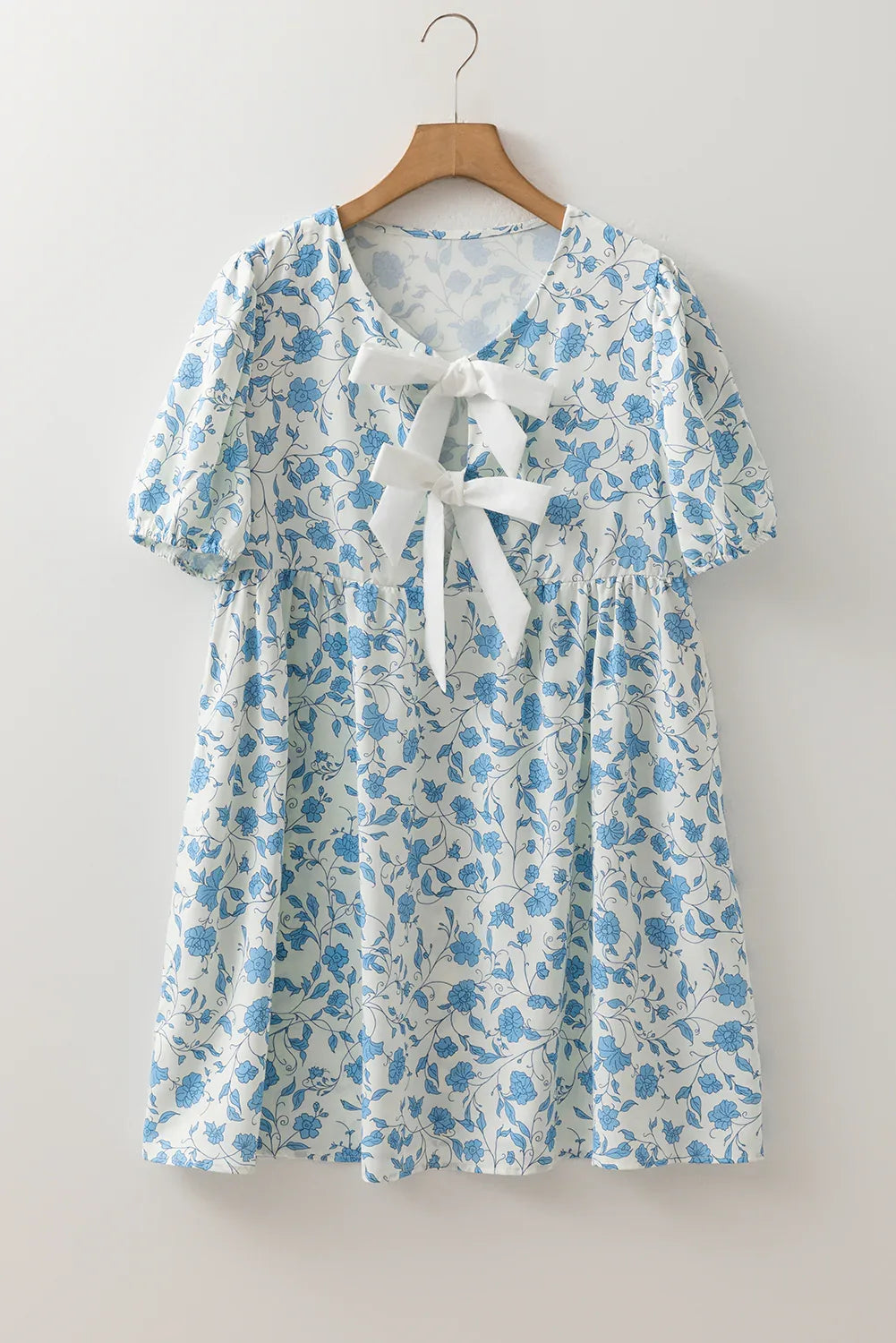 Sky Blue Floral Contrast Bow Puff Sleeve Mini Dress - MarkoFit