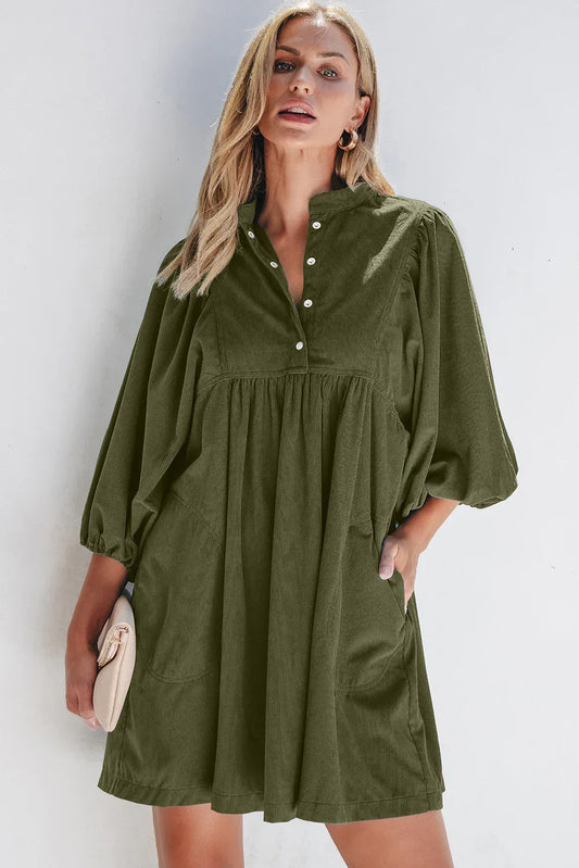 Vineyard Green Corduroy Snap Buttons Empire Waist Bracelet Sleeve Dress - MarkoFit