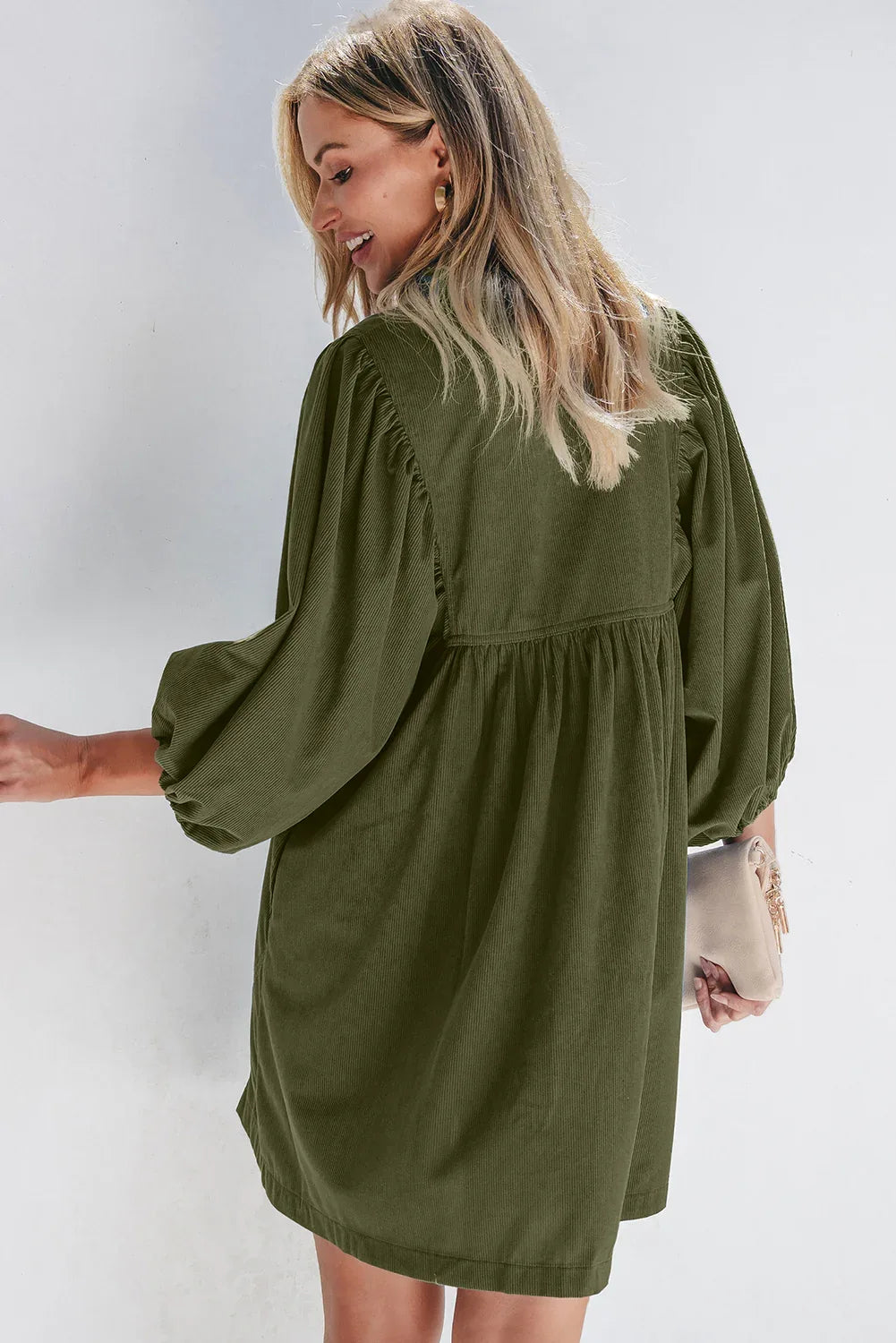 Vineyard Green Corduroy Snap Buttons Empire Waist Bracelet Sleeve Dress - MarkoFit