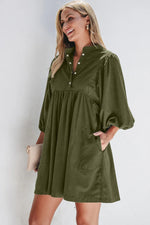 Vineyard Green Corduroy Snap Buttons Empire Waist Bracelet Sleeve Dress - MarkoFit