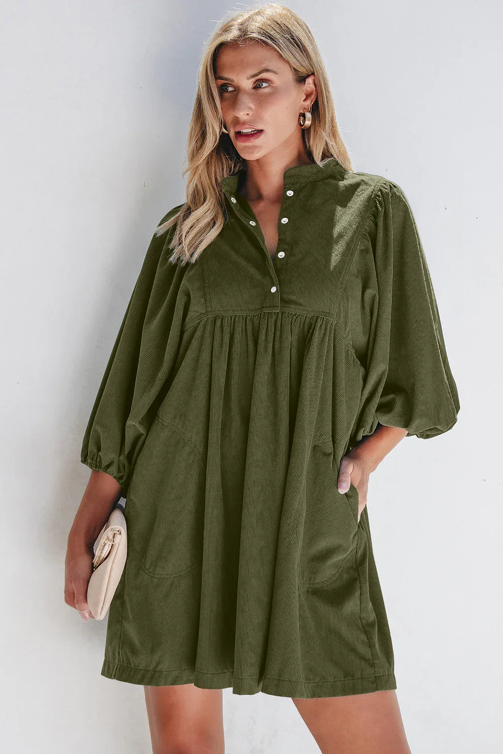 Vineyard Green Corduroy Snap Buttons Empire Waist Bracelet Sleeve Dress - MarkoFit