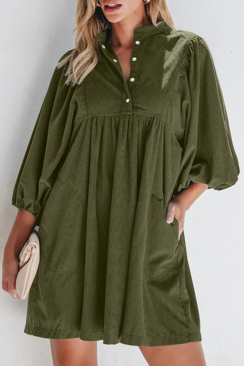 Vineyard Green Corduroy Snap Buttons Empire Waist Bracelet Sleeve Dress - MarkoFit