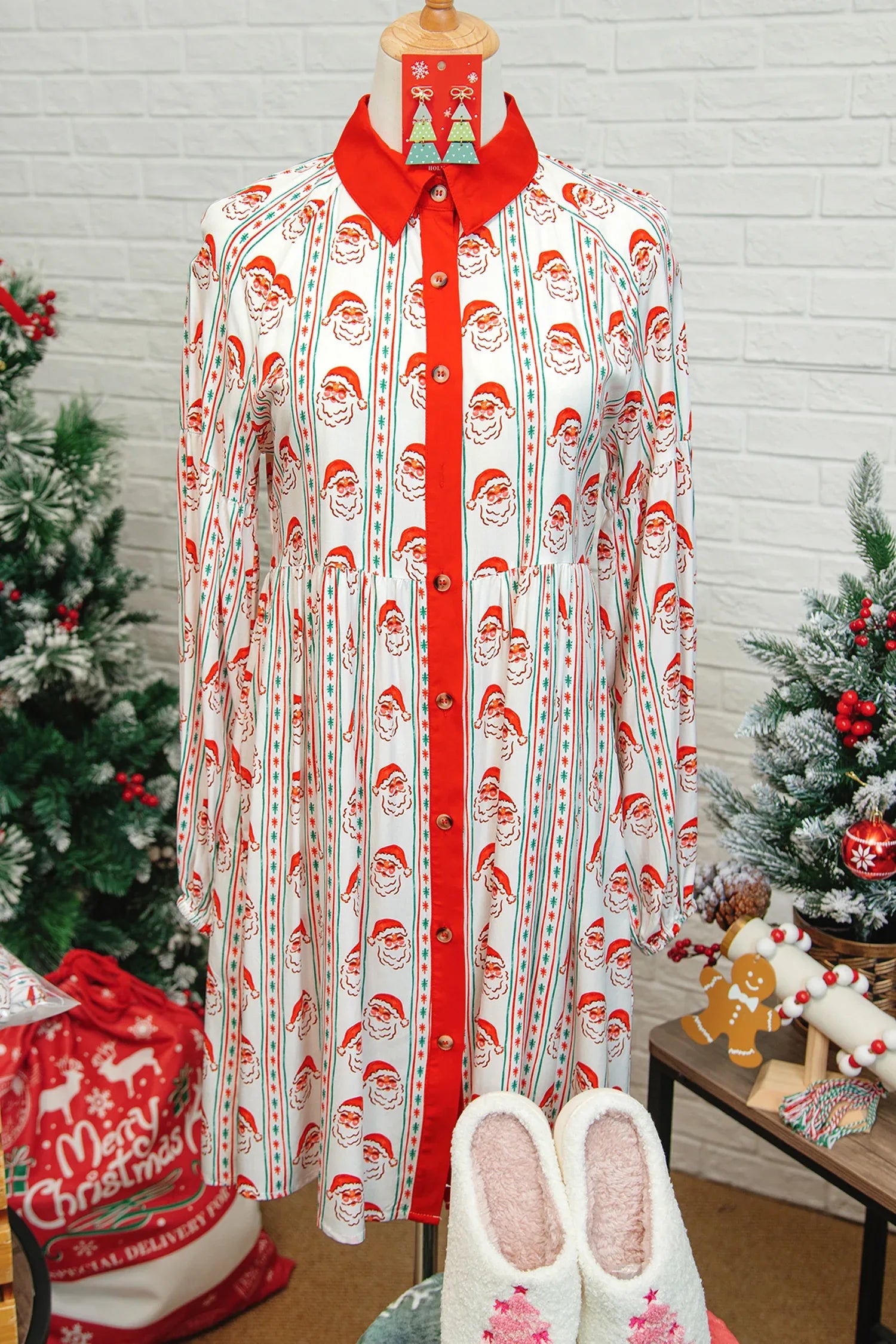 White Father Christmas Contrast Collar Button Front Long Sleeve A-line Mini Dress - MarkoFit
