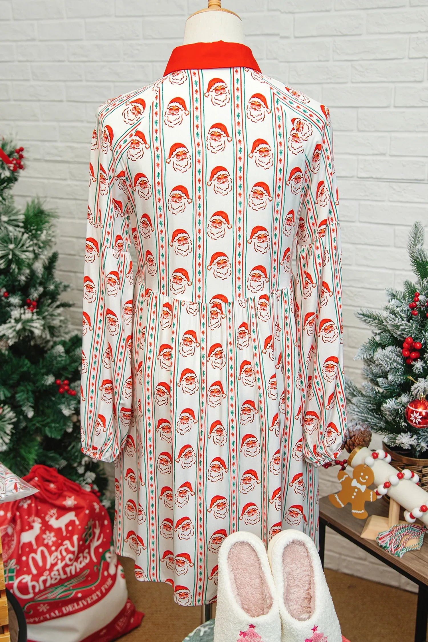 White Father Christmas Contrast Collar Button Front Long Sleeve A-line Mini Dress - MarkoFit