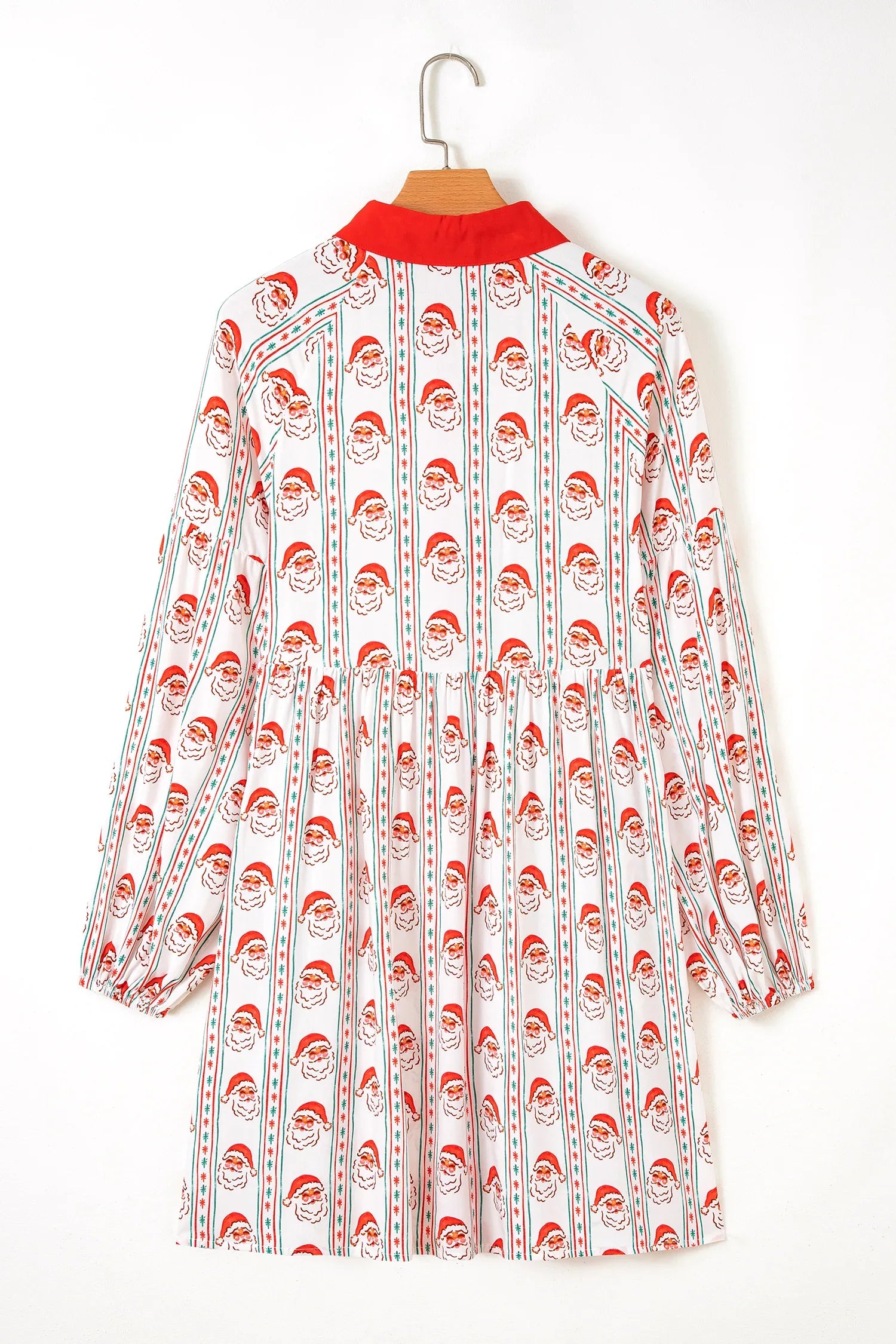 White Father Christmas Contrast Collar Button Front Long Sleeve A-line Mini Dress - MarkoFit