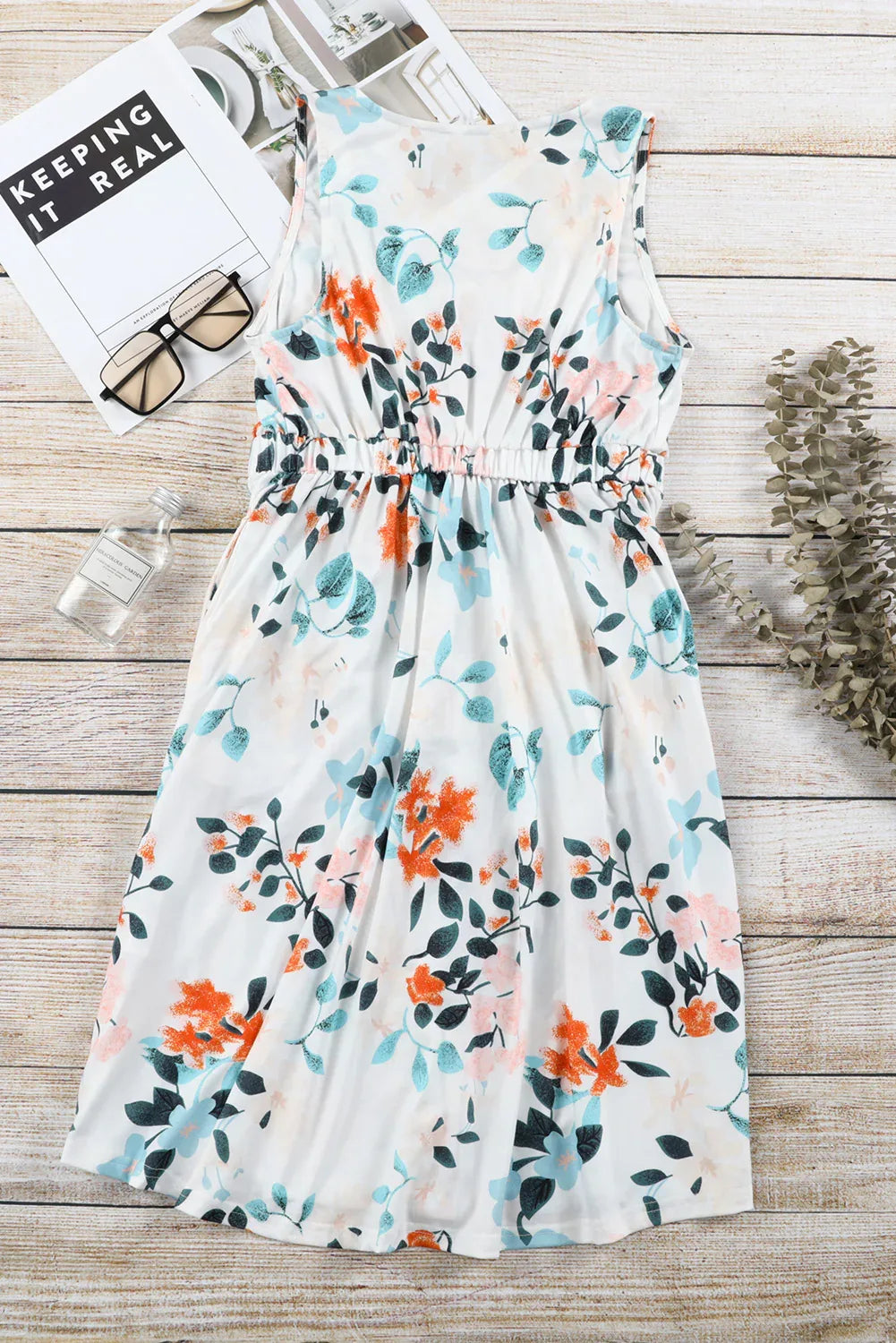 White Gray Floral Printed Sleeveless Button Up High Waist Mini Dress - MarkoFit