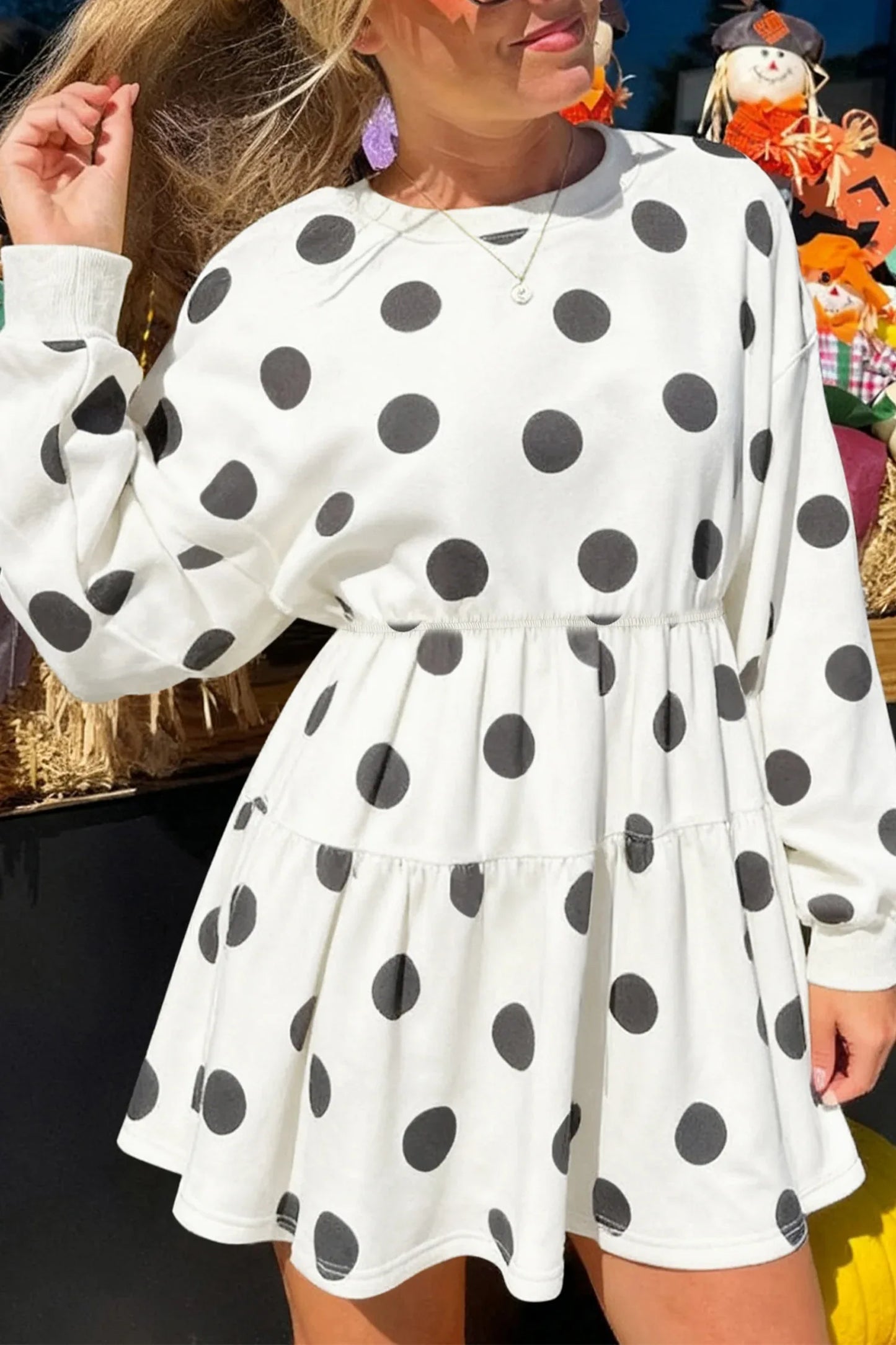 White Polka Dot Printed Long Sleeve Flared Mini Dress - MarkoFit