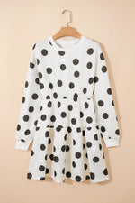 White Polka Dot Printed Long Sleeve Flared Mini Dress - MarkoFit