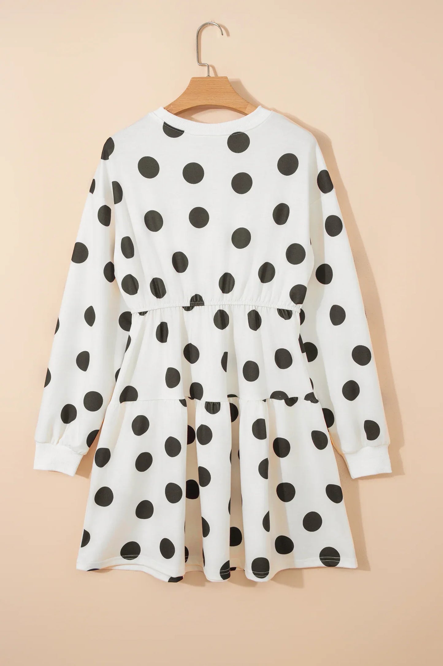White Polka Dot Printed Long Sleeve Flared Mini Dress - MarkoFit