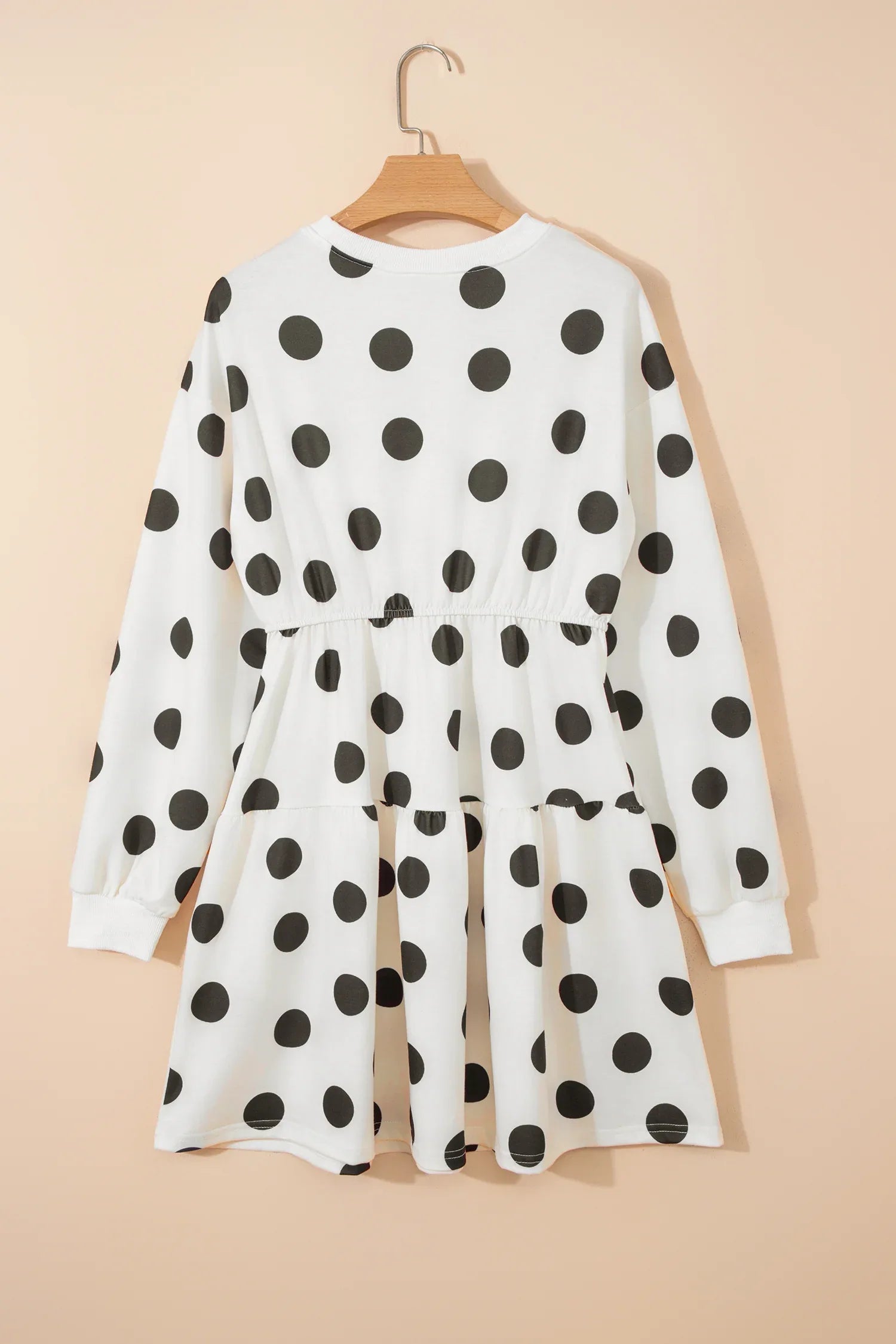 White Polka Dot Printed Long Sleeve Flared Mini Dress - MarkoFit