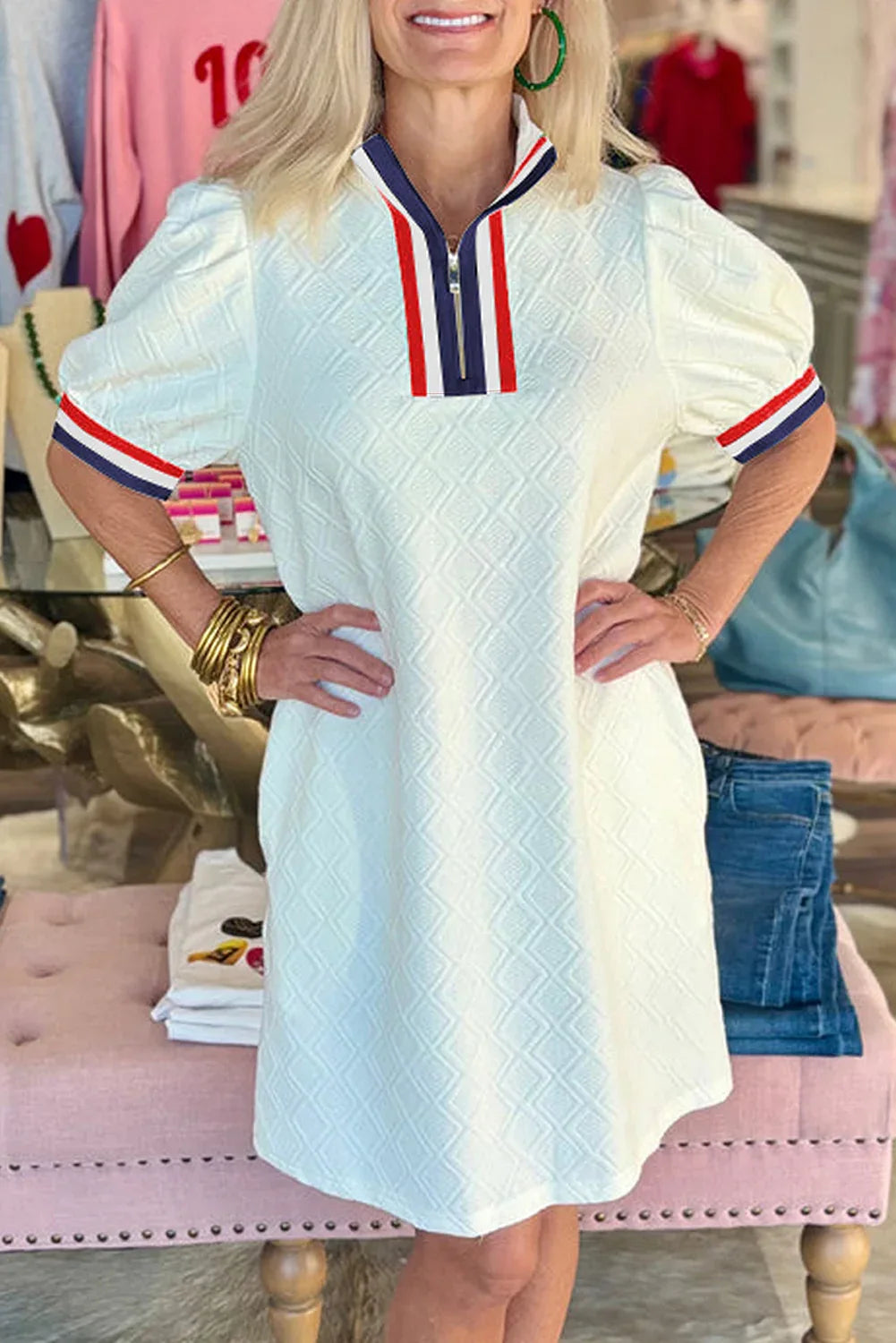 White Textured Jacquard Colorblock Edge Puff Sleeve Quarter Zip Mini Dress - MarkoFit