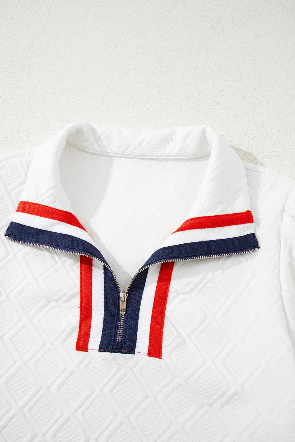 White Textured Jacquard Colorblock Edge Puff Sleeve Quarter Zip Mini Dress - MarkoFit