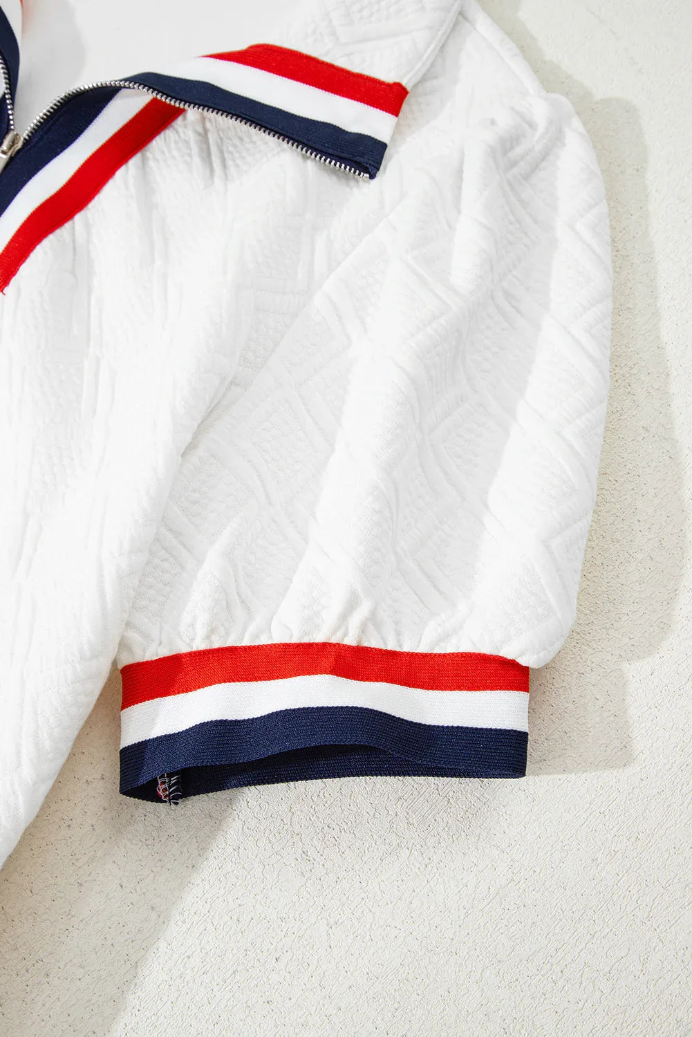 White Textured Jacquard Colorblock Edge Puff Sleeve Quarter Zip Mini Dress - MarkoFit