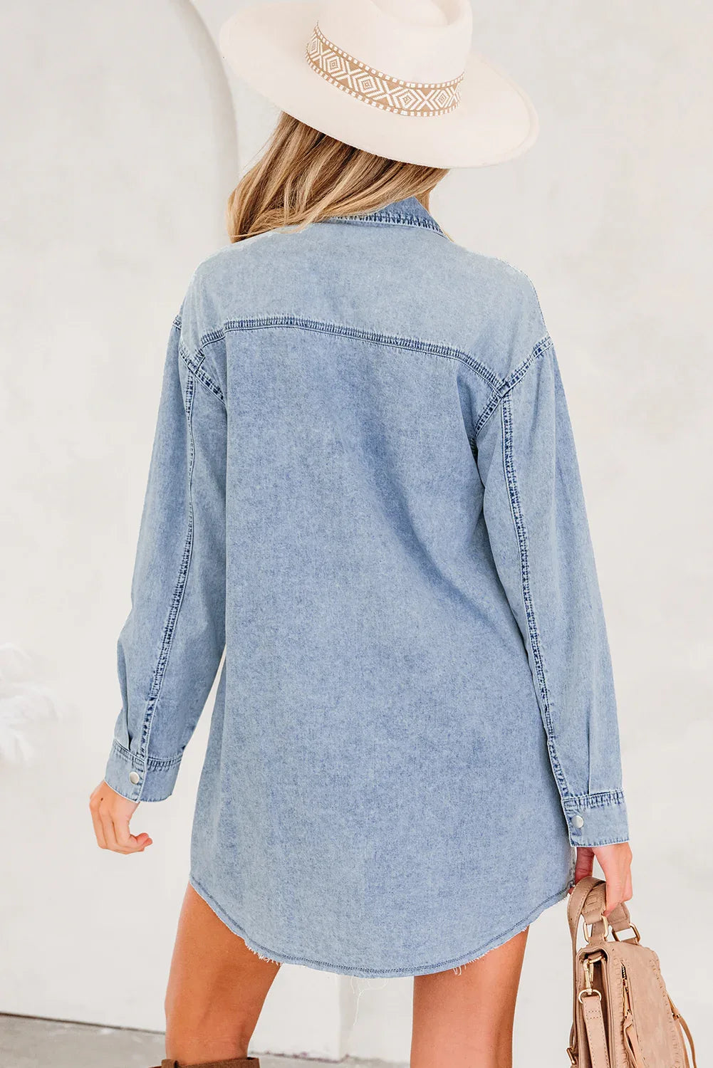 Beau Blue Chest Pocket Raw Hem Denim Loose Shirt Dress - MarkoFit