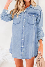 Beau Blue Chest Pocket Raw Hem Denim Loose Shirt Dress - MarkoFit