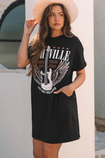 Black Nashville Guitar Print Crew Neck T Shirt Mini Dress - MarkoFit