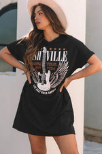 Black Nashville Guitar Print Crew Neck T Shirt Mini Dress - MarkoFit
