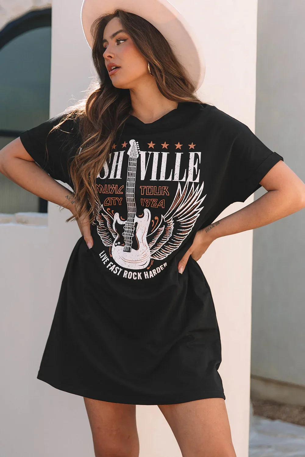 Black Nashville Guitar Print Crew Neck T Shirt Mini Dress - MarkoFit