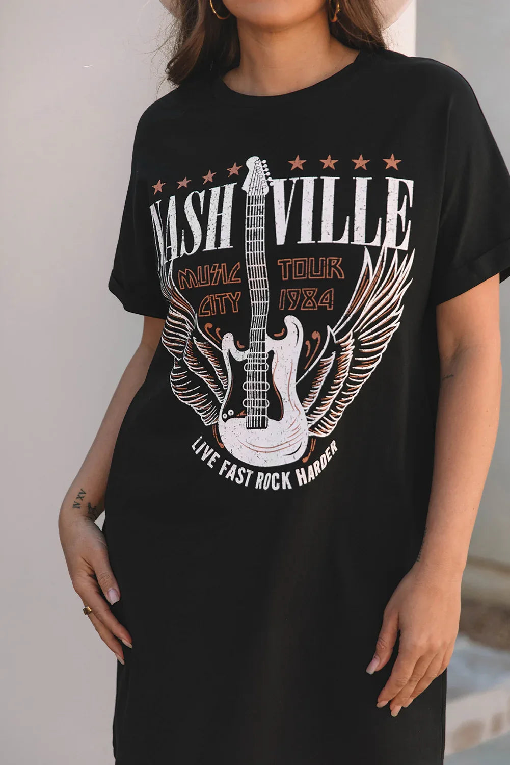 Black Nashville Guitar Print Crew Neck T Shirt Mini Dress - MarkoFit