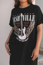 Black Nashville Guitar Print Crew Neck T Shirt Mini Dress - MarkoFit