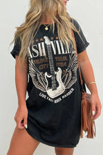 Black Nashville Guitar Print Crew Neck T Shirt Mini Dress - MarkoFit