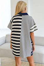 Black Stripe Half Placket Polo T Shirt Dress - MarkoFit