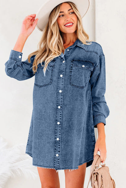 Blue Beau Chest Pocket Raw Hem Denim Loose Shirt Dress - MarkoFit