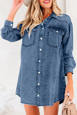 Blue Beau Chest Pocket Raw Hem Denim Loose Shirt Dress - MarkoFit