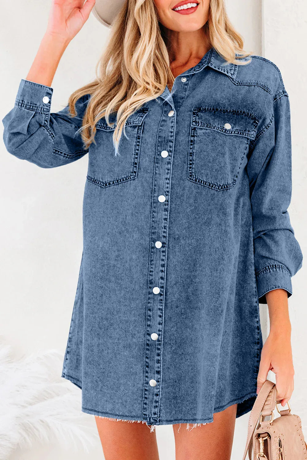 Blue Beau Chest Pocket Raw Hem Denim Loose Shirt Dress - MarkoFit