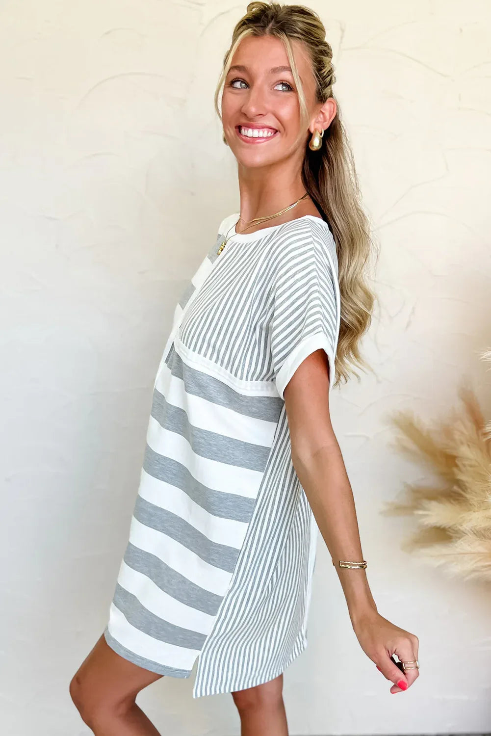 Gray Stripe Mixed Printed Short Sleeve Shift Mini T Shirt Dress - MarkoFit