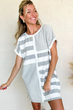 Gray Stripe Mixed Printed Short Sleeve Shift Mini T Shirt Dress - MarkoFit