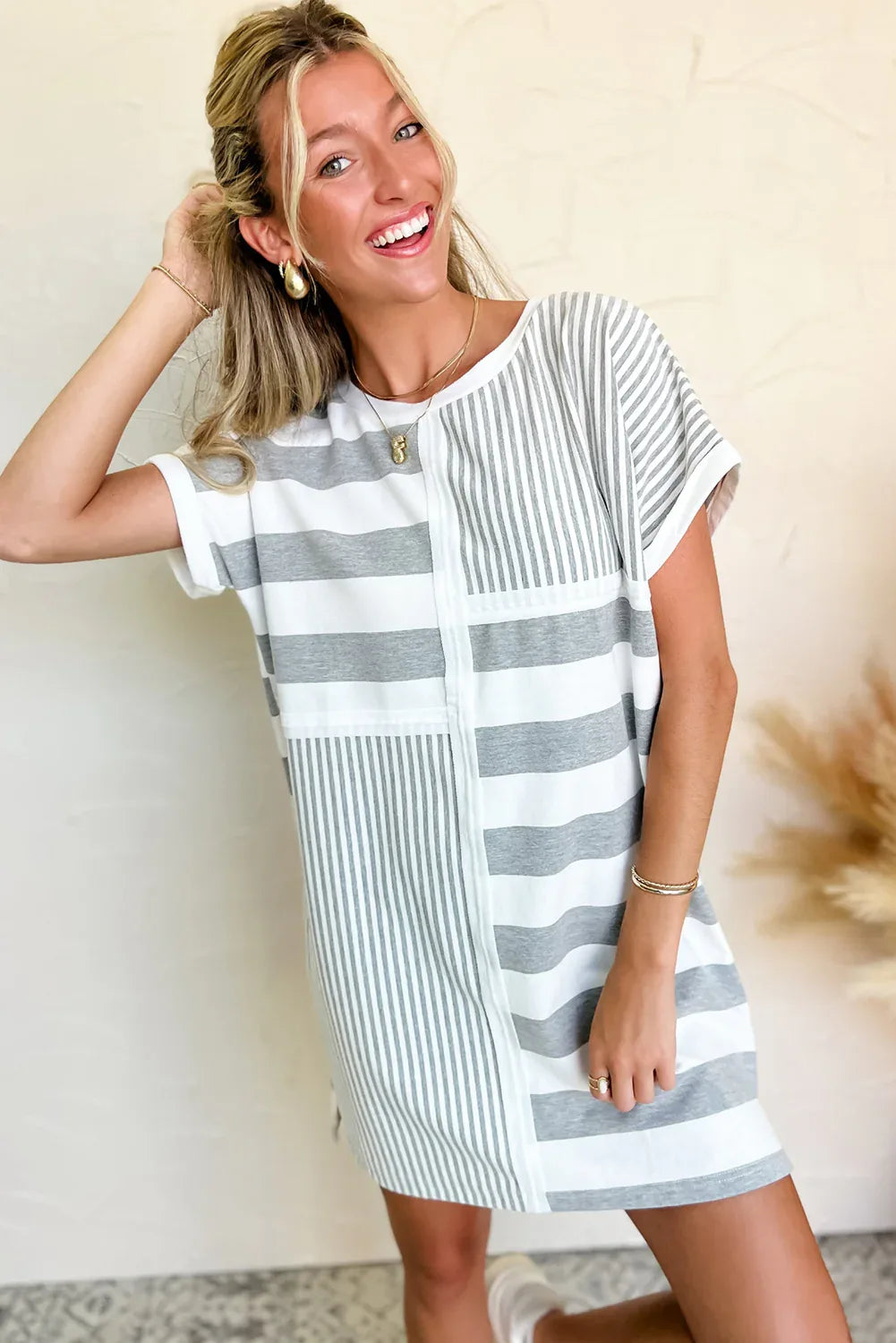 Gray Stripe Mixed Printed Short Sleeve Shift Mini T Shirt Dress - MarkoFit