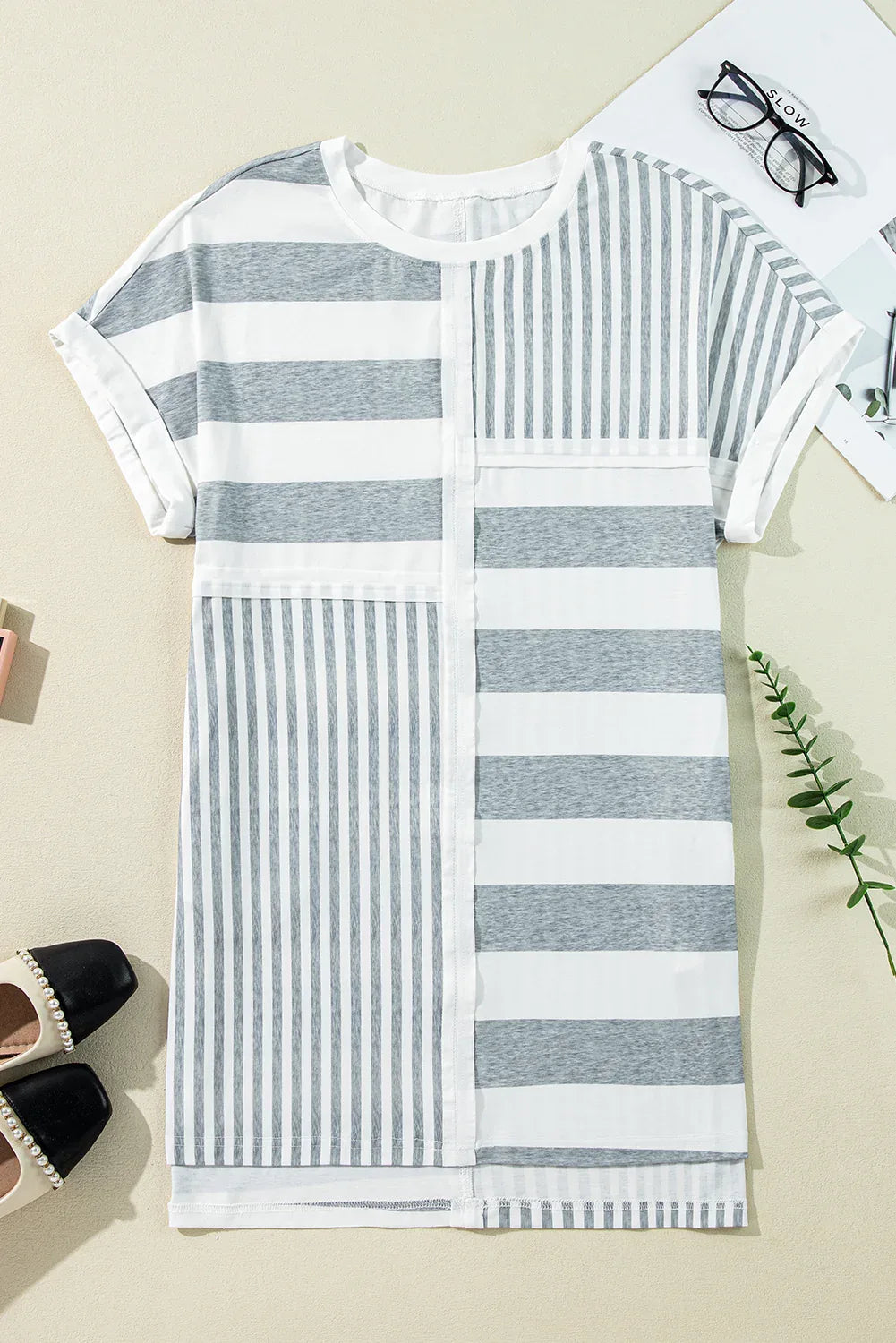 Gray Stripe Mixed Printed Short Sleeve Shift Mini T Shirt Dress - MarkoFit