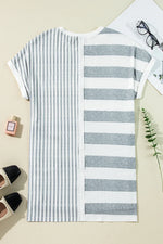 Gray Stripe Mixed Printed Short Sleeve Shift Mini T Shirt Dress - MarkoFit