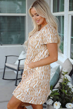 Khaki Abstract Print V Neck Short Sleeve Shift T Shirt Dress - MarkoFit