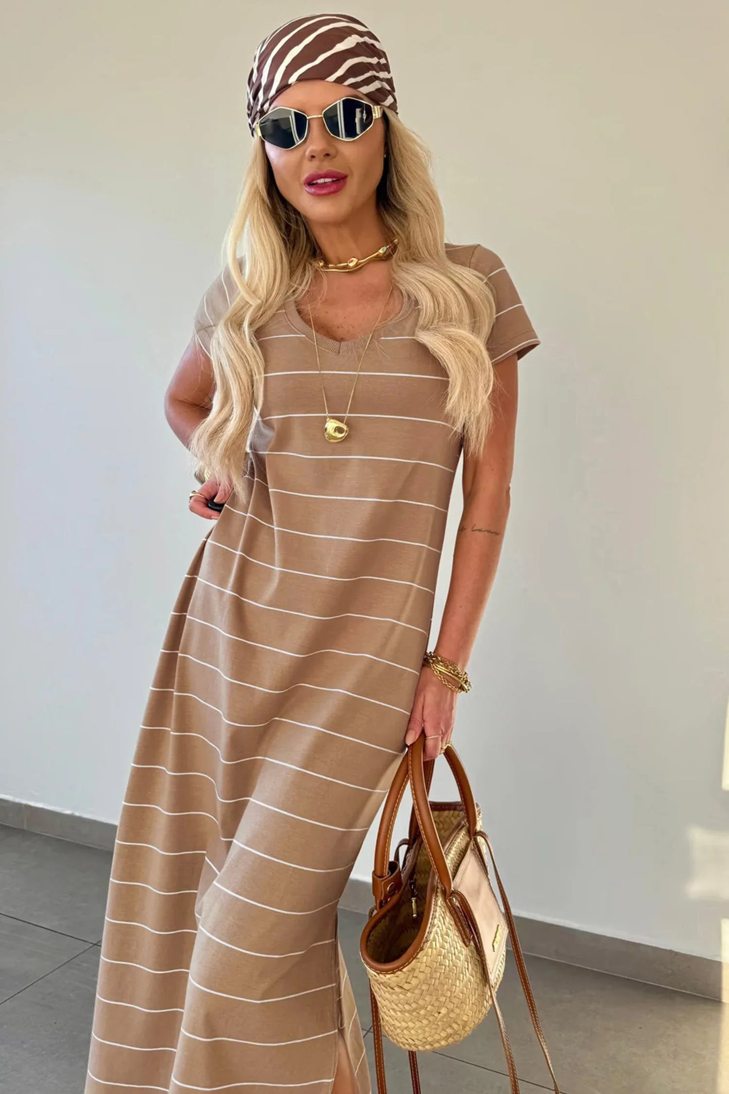 Khaki Stripe Casual Short Sleeve Side Slit Maxi T Shirt Dress - MarkoFit