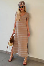 Khaki Stripe Casual Short Sleeve Side Slit Maxi T Shirt Dress - MarkoFit