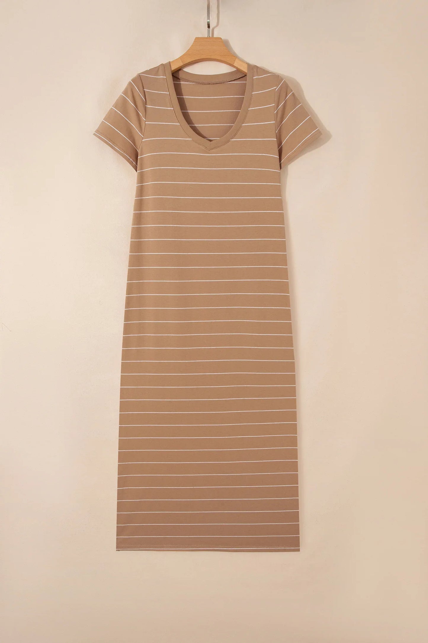 Khaki Stripe Casual Short Sleeve Side Slit Maxi T Shirt Dress - MarkoFit