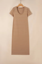Khaki Stripe Casual Short Sleeve Side Slit Maxi T Shirt Dress - MarkoFit
