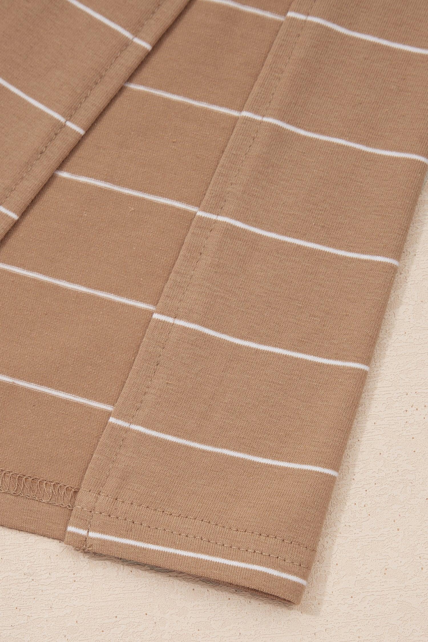 Khaki Stripe Casual Short Sleeve Side Slit Maxi T Shirt Dress - MarkoFit