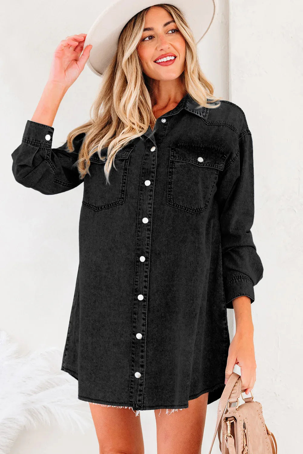Medium Grey Beau Chest Pocket Raw Hem Denim Loose Shirt Dress - MarkoFit