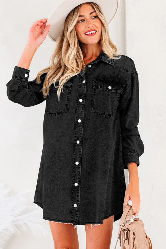 Medium Grey Beau Chest Pocket Raw Hem Denim Loose Shirt Dress - MarkoFit