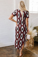 Red Western Aztec Printed Long T-shirt Dress - MarkoFit