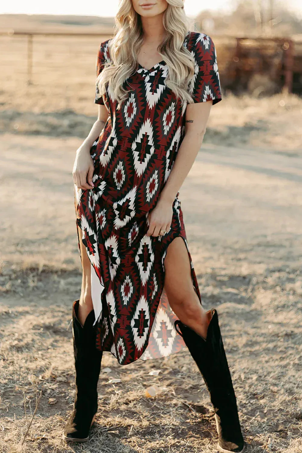 Red Western Aztec Printed Long T-shirt Dress - MarkoFit