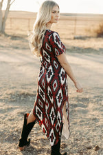Red Western Aztec Printed Long T-shirt Dress - MarkoFit